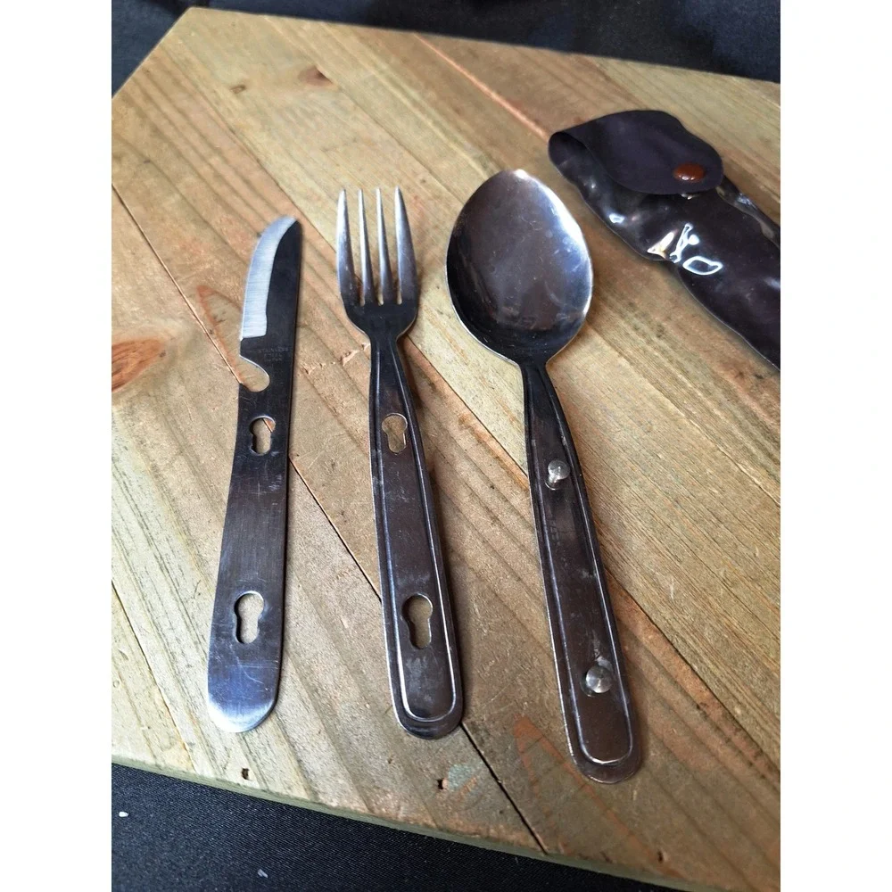 Vintage Japan Stainless Steel 3pc Interlocking Camping Hobo Utensil Set Case